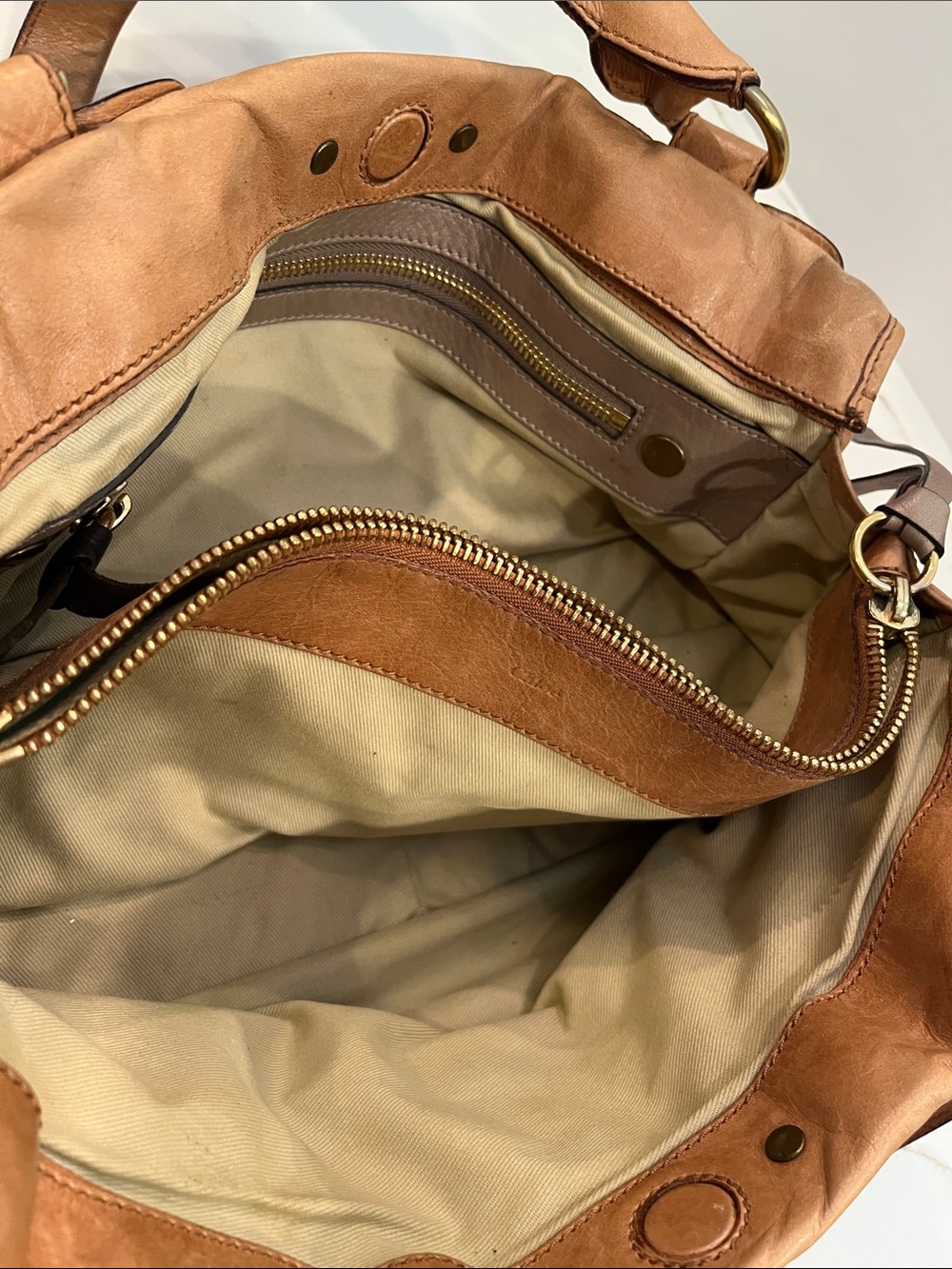 Chloe Leather Camel Shoulder Bag with Double Buckle Detail. Made in Italy. Roomy - Picture 10 of 16